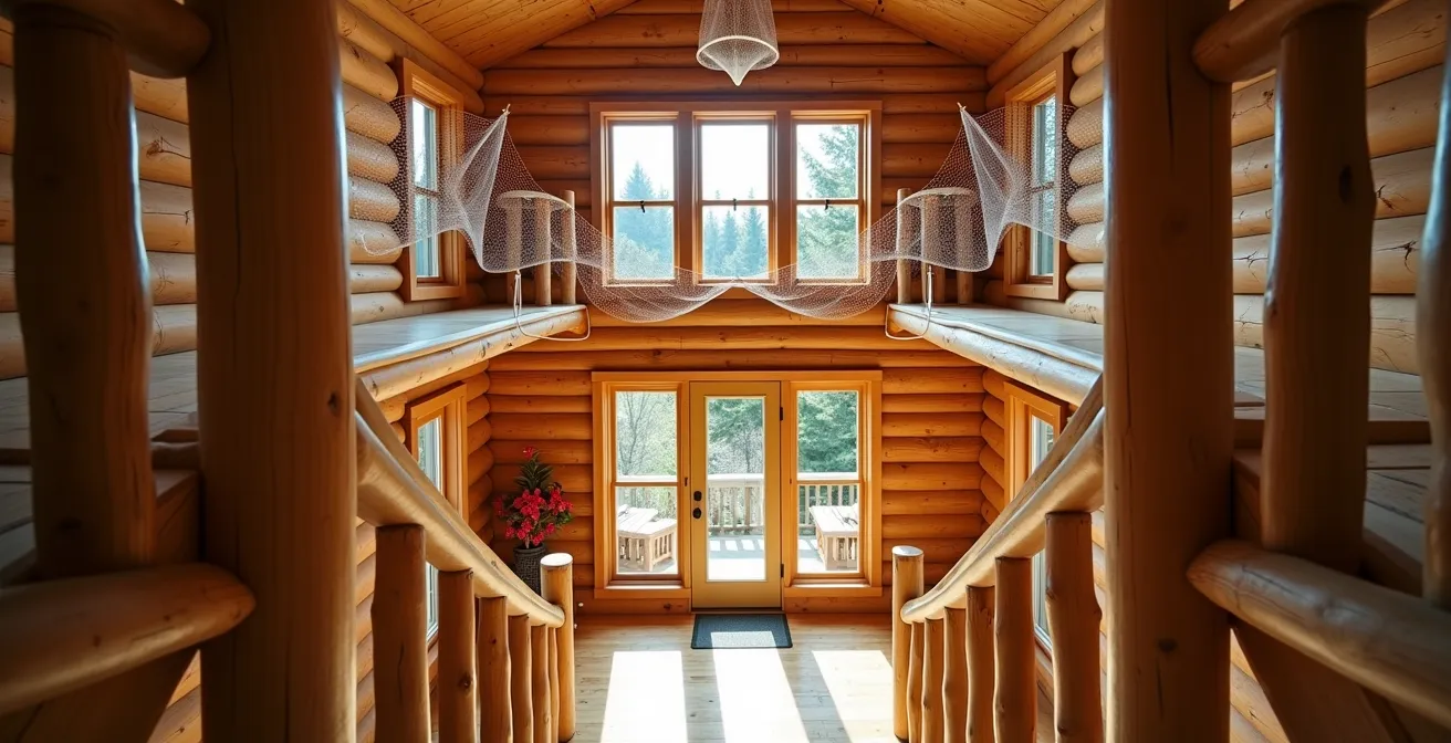 Configuration réseau maillé dans un chalet québécois en bois rond sur trois niveaux