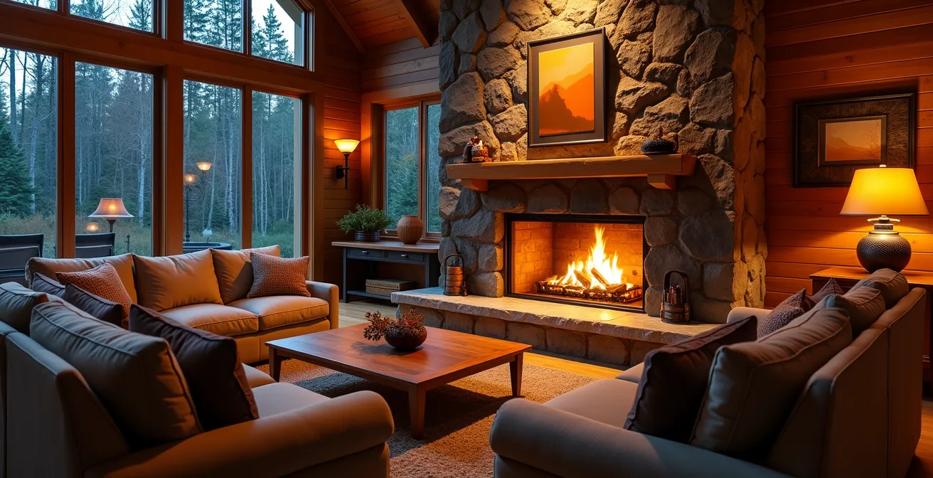 Intérieur spacieux d'un chalet québécois avec salon luxueux et vue sur spa extérieur