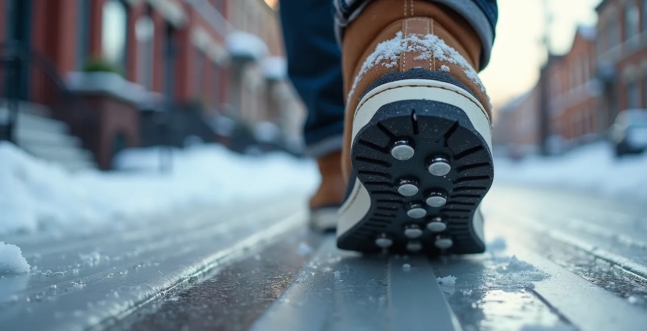 Gros plan sur des bottes d'hiver équipées de crampons urbains sur trottoir glacé