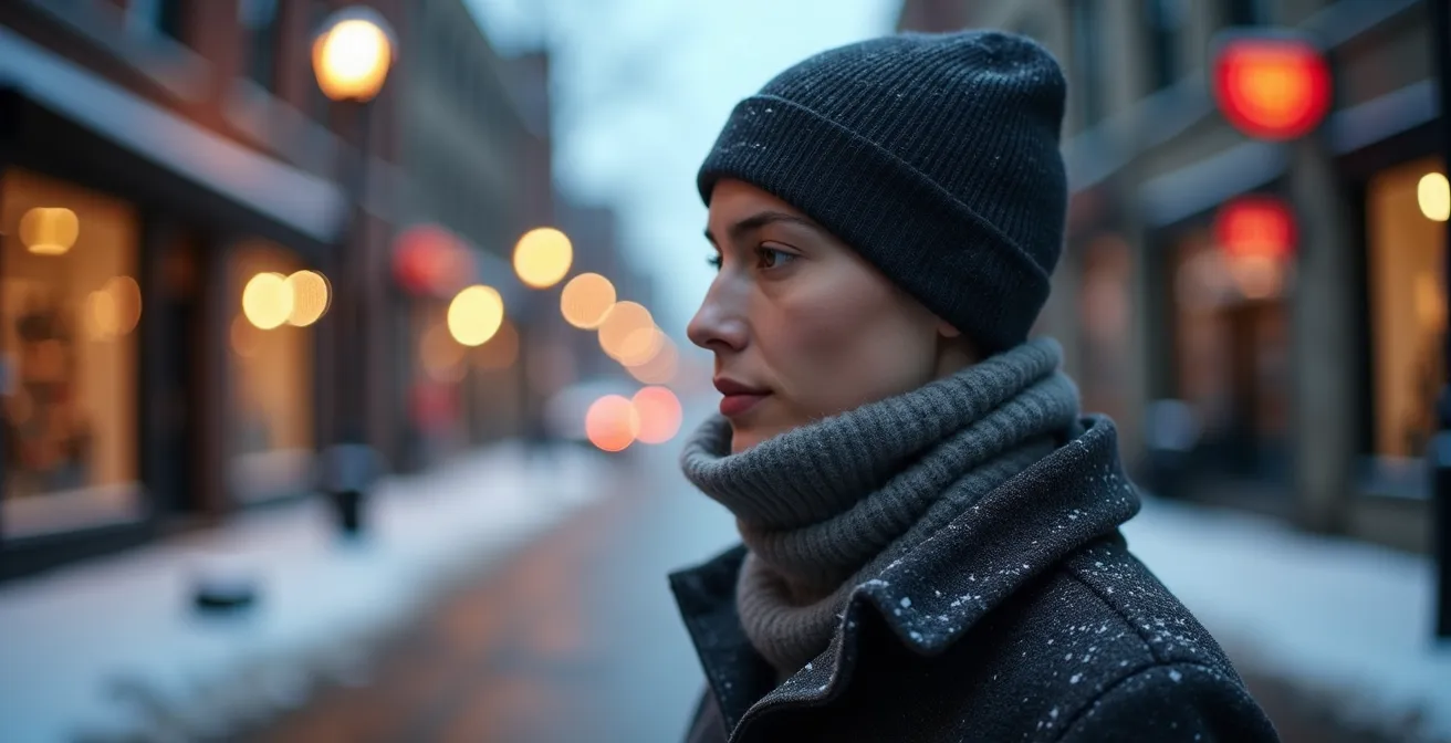 Vue de profil d'une personne portant un système multicouche au cou montrant les différentes épaisseurs de protection.