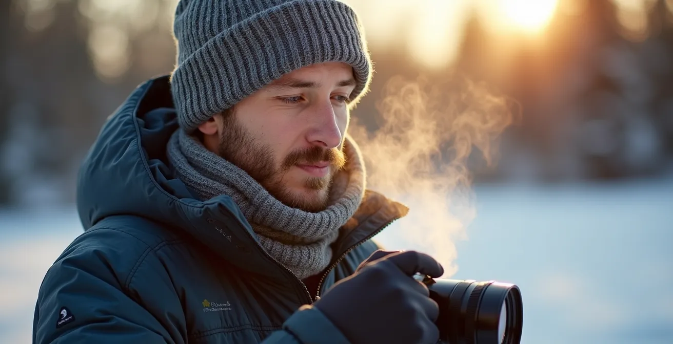 Vue en coupe du système multicouche de vêtements pour photographe en hiver extrême