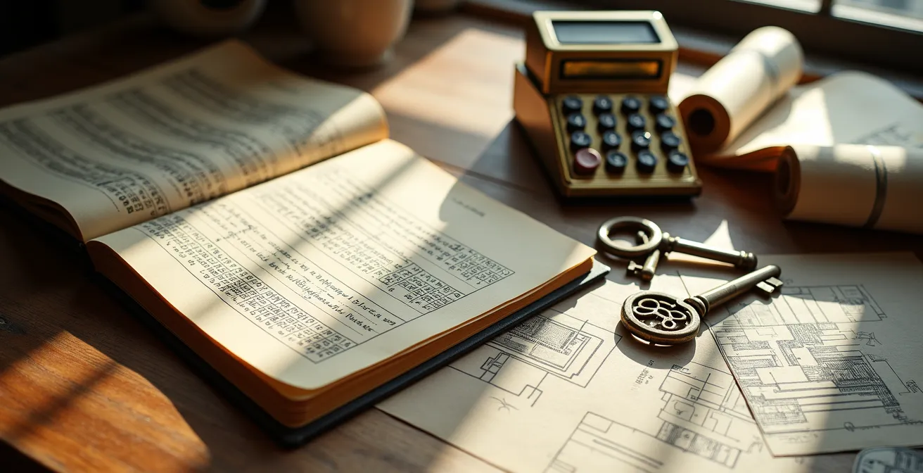 Bureau avec documents financiers et calculatrice pour analyse de rentabilité immobilière