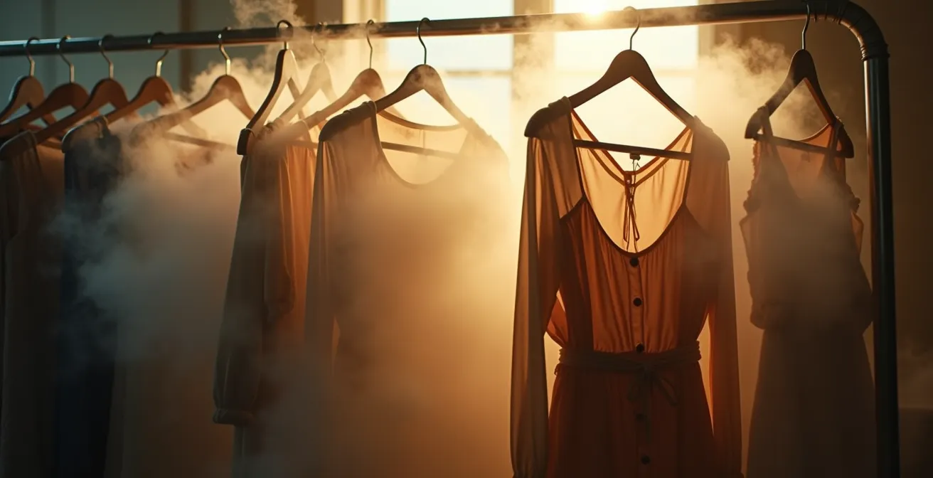 Vêtements suspendus dans un nuage de vapeur avec effet dramatique symbolisant la décontamination