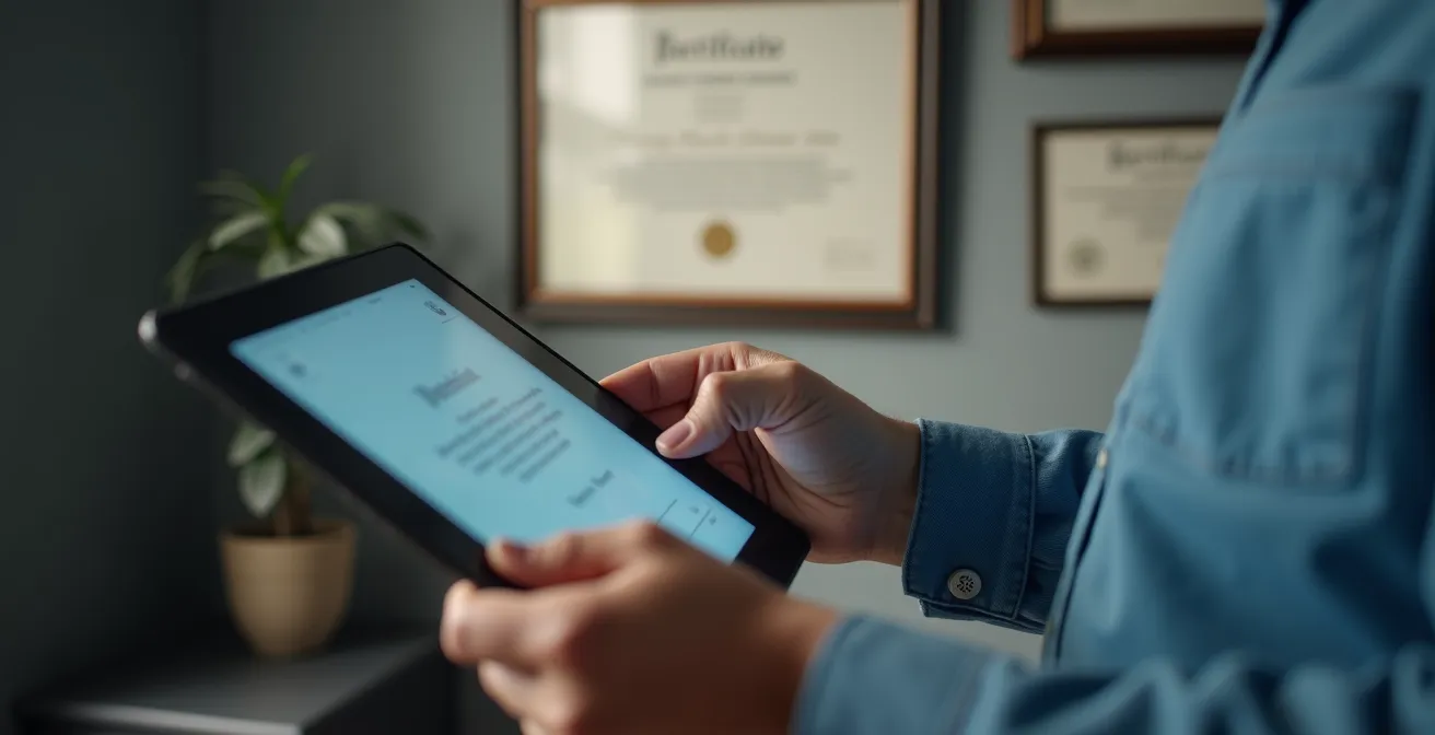 Mains tenant une tablette affichant une recherche floue dans un environnement professionnel